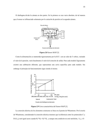 15
El diafragma divide la cámara en dos partes. En la primera se crea vacio absoluto, de tal manera
que el sensor se influenciado solamente por la variación de presión en la segunda cámara.
Figura 2.8 Sensor MAP [3]
Como la alimentación es mantenida rigurosamente por la ECU con un valor de 5 voltios, variando
el valor de la presión, varia linealmente el valor de la tención de salida. Para cada modelo lógicamente
existirá una calibración diferente, que representara una curva específica para cada modelo. Sin
embargo el principio de funcionamiento sigue siendo el mismo.
Figura 2.9 Curva característica del Sensor MAP [3]
La conexión eléctrica de los elementos extensores se basa en el puente de Wheatstone. Por la teoría
de Wheatstone, considerando la conexión eléctrica tenemos que la diferencia entre los potenciales C y
D (UCD) será igual acero cuando R1* R3= R2* R4 y aunque esta condición no esté satisfecha, UCD ≠ 0
 