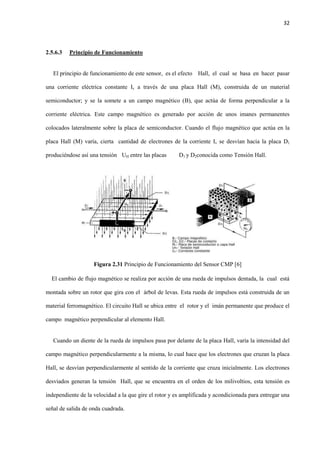 32
2.5.6.3 Principio de Funcionamiento
El principio de funcionamiento de este sensor, es el efecto Hall, el cual se basa en hacer pasar
una corriente eléctrica constante Iv a través de una placa Hall (M), construida de un material
semiconductor; y se la somete a un campo magnético (B), que actúa de forma perpendicular a la
corriente eléctrica. Este campo magnético es generado por acción de unos imanes permanentes
colocados lateralmente sobre la placa de semiconductor. Cuando el flujo magnético que actúa en la
placa Hall (M) varía, cierta cantidad de electrones de la corriente Iv se desvían hacia la placa D1
produciéndose así una tensión UH entre las placas D1 y D2conocida como Tensión Hall.
Figura 2.31 Principio de Funcionamiento del Sensor CMP [6]
El cambio de flujo magnético se realiza por acción de una rueda de impulsos dentada, la cual está
montada sobre un rotor que gira con el árbol de levas. Esta rueda de impulsos está construida de un
material ferromagnético. El circuito Hall se ubica entre el rotor y el imán permanente que produce el
campo magnético perpendicular al elemento Hall.
Cuando un diente de la rueda de impulsos pasa por delante de la placa Hall, varía la intensidad del
campo magnético perpendicularmente a la misma, lo cual hace que los electrones que cruzan la placa
Hall, se desvían perpendicularmente al sentido de la corriente que cruza inicialmente. Los electrones
desviados generan la tensión Hall, que se encuentra en el orden de los milivoltios, esta tensión es
independiente de la velocidad a la que gire el rotor y es amplificada y acondicionada para entregar una
señal de salida de onda cuadrada.
 