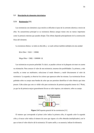 55
3.3 Descripción de elementos electrónicos
3.3.1 Resistencias [11]
Las resistencias son elementos cuya misión es dificultar el paso de la corriente eléctrica a través de
ellas. Su característica principal es su resistencia óhmica aunque tienen otra no menos importante
como la potencia máxima que pueden disipar. Ésta última depende principalmente de la construcción
física del elemento.
La resistencia óhmica se mide en ohm (Ω), y se suele utilizar también múltiplos de esta unidad:
Kilo Ohm = 1KΩ = 1000Ω
Mega Ohm = 1MΩ =1000000 Ω
Las resistencias no poseen polaridad. Es decir, se pueden colocar en la plaqueta sin tener en cuenta
su orientación. Para conocer el valor de una resistencia, tenemos dos posibilidades. La primera, y más
sencilla, es tomar un multímetro, seleccionar el modo óhmetro y medir directamente el valor de
resistencia La segunda, es observar los colores que aparecen sobre las mismas. Las resistencias llevan
grabadas sobre su cuerpo unas bandas de color que nos permiten identificar el valor óhmico que éstas
poseen. Cabe aclara que esto es válido sólo para resistencias de potencia pequeña (menor de 2 Watt),
ya que las de potencia mayor generalmente llevan su valor impreso, con números, sobre su cuerpo.
Figura 3.4 Esquema general de las resistencias [11]
El número que corresponde al primer color indica la primera cifra, el segundo color la segunda
cifra y el tercer color indica el número de ceros que siguen a la cifra obtenida (multiplicador), con lo
que se tiene el valor efectivo de la resistencia. El cuarto anillo, o su ausencia, indican la tolerancia.
 