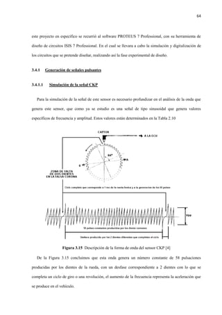 64
este proyecto en específico se recurrió al software PROTEUS 7 Professional, con su herramienta de
diseño de circuitos ISIS 7 Professional. En el cual se llevara a cabo la simulación y digitalización de
los circuitos que se pretende diseñar, realizando así la fase experimental de diseño.
3.4.1 Generación de señales pulsantes
3.4.1.1 Simulación de la señal CKP
Para la simulación de la señal de este sensor es necesario profundizar en el análisis de la onda que
genera este sensor, que como ya se estudio es una señal de tipo sinusoidal que genera valores
específicos de frecuencia y amplitud. Estos valores están determinados en la Tabla 2.10
Figura 3.15 Descripción de la forma de onda del sensor CKP [4]
De la Figura 3.15 concluimos que esta onda genera un número constante de 58 pulsaciones
producidas por los dientes de la rueda, con un desfase correspondiente a 2 dientes con lo que se
completa un ciclo de giro o una revolución, el aumento de la frecuencia representa la aceleración que
se produce en el vehículo.
 