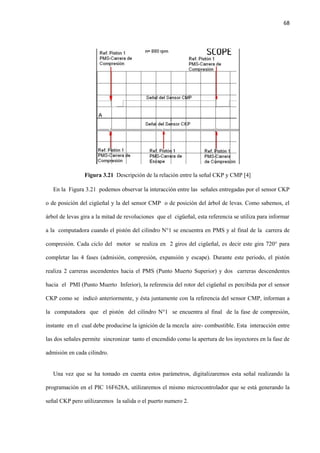 68
Figura 3.21 Descripción de la relación entre la señal CKP y CMP [4]
En la Figura 3.21 podemos observar la interacción entre las señales entregadas por el sensor CKP
o de posición del cigüeñal y la del sensor CMP o de posición del árbol de levas. Como sabemos, el
árbol de levas gira a la mitad de revoluciones que el cigüeñal, esta referencia se utiliza para informar
a la computadora cuando el pistón del cilindro N°1 se encuentra en PMS y al final de la carrera de
compresión. Cada ciclo del motor se realiza en 2 giros del cigüeñal, es decir este gira 720° para
completar las 4 fases (admisión, compresión, expansión y escape). Durante este periodo, el pistón
realiza 2 carreras ascendentes hacia el PMS (Punto Muerto Superior) y dos carreras descendentes
hacia el PMI (Punto Muerto Inferior), la referencia del rotor del cigüeñal es percibida por el sensor
CKP como se indicó anteriormente, y ésta juntamente con la referencia del sensor CMP, informan a
la computadora que el pistón del cilindro N°1 se encuentra al final de la fase de compresión,
instante en el cual debe producirse la ignición de la mezcla aire- combustible. Esta interacción entre
las dos señales permite sincronizar tanto el encendido como la apertura de los inyectores en la fase de
admisión en cada cilindro.
Una vez que se ha tomado en cuenta estos parámetros, digitalizaremos esta señal realizando la
programación en el PIC 16F628A, utilizaremos el mismo microcontrolador que se está generando la
señal CKP pero utilizaremos la salida o el puerto numero 2.
 