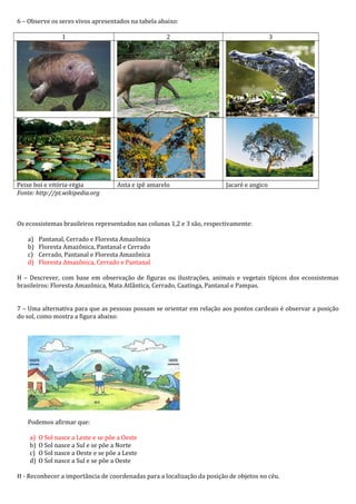 6 – Observe os seres vivos apresentados na tabela abaixo:
1 2 3
Peixe boi e vitória-régia Anta e ipê amarelo Jacaré e angico
Fonte: http://pt.wikipedia.org
Os ecossistemas brasileiros representados nas colunas 1,2 e 3 são, respectivamente:
a) Pantanal, Cerrado e Floresta Amazônica
b) Floresta Amazônica, Pantanal e Cerrado
c) Cerrado, Pantanal e Floresta Amazônica
d) Floresta Amazônica, Cerrado e Pantanal
H – Descrever, com base em observação de figuras ou ilustrações, animais e vegetais típicos dos ecossistemas
brasileiros: Floresta Amazônica, Mata Atlântica, Cerrado, Caatinga, Pantanal e Pampas.
7 – Uma alternativa para que as pessoas possam se orientar em relação aos pontos cardeais é observar a posição
do sol, como mostra a figura abaixo:
Podemos afirmar que:
a) O Sol nasce a Leste e se põe a Oeste
b) O Sol nasce a Sul e se põe a Norte
c) O Sol nasce a Oeste e se põe a Leste
d) O Sol nasce a Sul e se põe a Oeste
H - Reconhecer a importância de coordenadas para a localização da posição de objetos no céu.
 