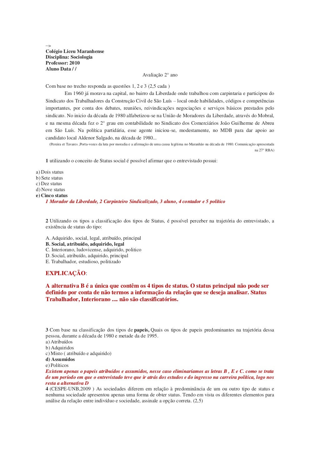 Banco de questões de sociologia