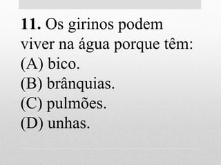 11. Os girinos podem
viver na água porque têm:
(A) bico.
(B) brânquias.
(C) pulmões.
(D) unhas.
 