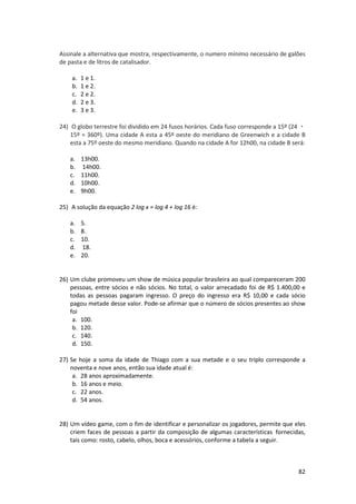 Assinale a alternativa que mostra, respectivamente, o numero mínimo necessário de galões 
de pasta e de litros de catalisador. 
82 
a. 1 e 1. 
b. 1 e 2. 
c. 2 e 2. 
d. 2 e 3. 
e. 3 e 3. 
24) O globo terrestre foi dividido em 24 fusos horários. Cada fuso corresponde a 15º (24 ・ 
15º = 360º). Uma cidade A esta a 45º oeste do meridiano de Greenwich e a cidade B 
esta a 75º oeste do mesmo meridiano. Quando na cidade A for 12h00, na cidade B será: 
a. 13h00. 
b. 14h00. 
c. 11h00. 
d. 10h00. 
e. 9h00. 
25) A solução da equação 2 log x = log 4 + log 16 é: 
a. 5. 
b. 8. 
c. 10. 
d. 18. 
e. 20. 
26) Um clube promoveu um show de música popular brasileira ao qual compareceram 200 
pessoas, entre sócios e não sócios. No total, o valor arrecadado foi de R$ 1.400,00 e 
todas as pessoas pagaram ingresso. O preço do ingresso era R$ 10,00 e cada sócio 
pagou metade desse valor. Pode-se afirmar que o número de sócios presentes ao show 
foi 
a. 100. 
b. 120. 
c. 140. 
d. 150. 
27) Se hoje a soma da idade de Thiago com a sua metade e o seu triplo corresponde a 
noventa e nove anos, então sua idade atual é: 
a. 28 anos aproximadamente. 
b. 16 anos e meio. 
c. 22 anos. 
d. 54 anos. 
28) Um vídeo game, com o fim de identificar e personalizar os jogadores, permite que eles 
criem faces de pessoas a partir da composição de algumas características fornecidas, 
tais como: rosto, cabelo, olhos, boca e acessórios, conforme a tabela a seguir. 
 