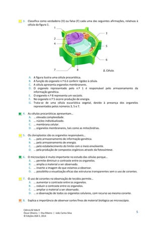 5
Ciência & Vida 8
Óscar Oliveira | Elsa Ribeiro | João Carlos Silva
© Edições ASA II, 2014
3. Classifica como verdadeira (V) ou falsa (F) cada uma das seguintes afirmações, relativas à
célula da figura 1.
A. A figura ilustra uma célula procariótica.
B. A função do organelo n.º 6 é conferir rigidez à célula.
C. A célula apresenta organelos membranares.
D. O organelo representado pelo n.º 1 é responsável pelo armazenamento da
informação genética.
E. O organelo n.º 8 representa um vacúolo.
F. No organelo n.º 5 ocorre produção de energia.
G. Trata-se de uma célula eucariótica vegetal, devido à presença dos organelos
representados pelos números 3, 5 e 7.
4. As células procarióticas apresentam…
A. … elevada complexidade.
B. … núcleo individualizado.
C. … membrana celular.
D. … organelos membranares, tais como as mitocôndrias.
5. Os cloroplastos são os organelos responsáveis…
A. … pelo armazenamento de informação genética.
B. … pelo armazenamento de energia.
C. .…pelo estabelecimento do limite com o meio envolvente.
D. … pela produção de compostos orgânicos através da fotossíntese.
6. O microscópio é muito importante no estudo das células porque…
A. … permite diminuir o contraste entre os organelos.
B. … amplia o material a ser observado.
C. … inverte a imagem do que estamos a observar.
D. … possibilita a visualização eficaz das estruturas transparentes sem o uso de corantes.
7. O uso de corantes na observação de tecidos permite…
A. … aumentar o contraste entre os organelos.
B. … reduzir o contraste entre os organelos.
C. … ampliar o material a ser observado.
D. … a observação de todos os organelos celulares, com recurso ao mesmo corante.
8. Explica a importância de observar cortes finos de material biológico ao microscópio.
1. Célula.
 