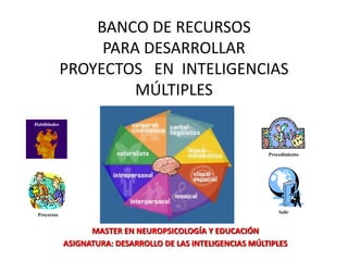 BANCO DE RECURSOS
PARA DESARROLLAR
PROYECTOS EN INTELIGENCIAS
MÚLTIPLES
MASTER EN NEUROPSICOLOGÍA Y EDUCACIÓN
ASIGNATURA: DESARROLLO DE LAS INTELIGENCIAS MÚLTIPLES
Habilidades
Proyectos
Procedimiento
Salir
 