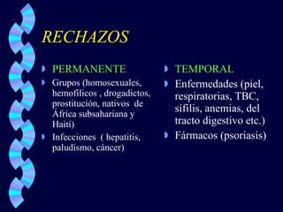 RECHAZOS PERMANENTE Grupos (homosexuales,  hemofílicos , drogadictos,  prostitución, nativos  de África subsahariana y Haití) Infecciones  ( hepatitis, paludismo, cáncer) TEMPORAL Enfermedades (piel, respiratorias, TBC, sífilis, anemias, del tracto digestivo etc.) Fármacos (psoriasis) 