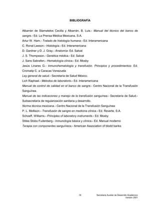Secretaría Auxiliar de Desarrollo Académico
Versión 2001
18
BIBLIOGRAFÍA
Albarrán de Stamatelos Cecilia y Albarrán, B. Luis.- Manual del técnico del banco de
sangre.- Ed. La Prensa Médica Mexicana, S.A.
Artur W. Ham.- Tratado de histología humana.- Ed. Interamericana
C. Ronal Leeson.- Histología.- Ed. Interamericana
D. Gardner y D. J. Gray.- Anatomía- Ed. Salvat
J. S. Thompsson.- Genética médica.- Ed. Salvat
J. Sans Sabrafen.- Hematología clínica.- Ed. Mosby
Jesús Linares G.- Inmunohematología y transfusión. Principios y procedimientos- Ed.
Cromatip C. a Caracas Venezuela
Ley general de salud.- Secretaría de Salud México.
Lich Raphael.- Métodos de laboratorio.- Ed. Interamericana
Manual de control de calidad en el banco de sangre.- Centro Nacional de la Transfusión
Sanguínea.
Manual de las indicaciones y manejo de la transfusión sanguínea.- Secretaría de Salud.-
Subsecretaría de regularización sanitaria y desarrollo.
Norma técnica mexicana.- Centro Nacional de la Transfusión Sanguínea
P. L. Mollison.- Transfusión de sangre en medicina clínica.- Ed. Reverte, S.A.
Schoeff, Williams.- Principles of laboratory instruments.- Ed. Mosby
Stites Stobo Fudenberg.- Inmunología básica y clínica.- Ed. Manual moderno
Terapia con componentes sanguíneos.- American Association of blodd banks
 