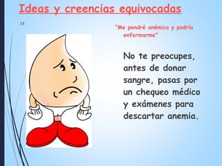 Ideas y creencias equivocadas
“Me pondré anémico y podría
enfermarme"
No te preocupes,
antes de donar
sangre, pasas por
un chequeo médico
y exámenes para
descartar anemia.
13
 