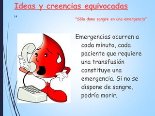 Ideas y creencias equivocadas
"Sólo dono sangre en una emergencia"
Emergencias ocurren a
cada minuto, cada
paciente que requiere
una transfusión
constituye una
emergencia. Si no se
dispone de sangre,
podría morir.
14
 