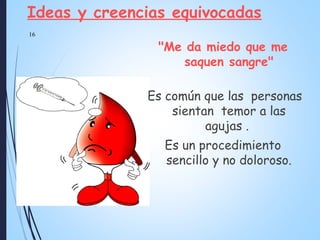 Ideas y creencias equivocadas
"Me da miedo que me
saquen sangre"
Es común que las personas
sientan temor a las
agujas .
Es un procedimiento
sencillo y no doloroso.
16
 
