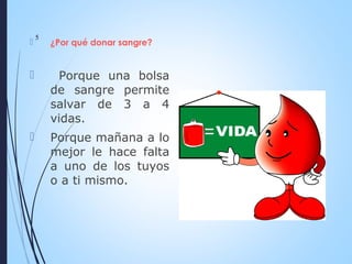  ¿Por qué donar sangre?
 Porque una bolsa
de sangre permite
salvar de 3 a 4
vidas.
 Porque mañana a lo
mejor le hace falta
a uno de los tuyos
o a ti mismo.
5
 