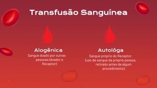 Alogênica Autológa
Sangue doado por outras
pessoas (doador e
Receptor)
Sangue próprio do Receptor.
(uso de sangue da própria pessoa,
retirado antes de algum
procedimento)
Transfusão Sanguínea
 
