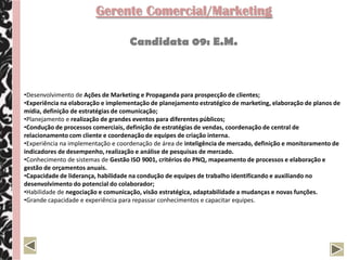 Executivo de Varejo

                                      Candidato 10: R.F.


•   Especialista em Gestão de Negócios Internacionais pela FGV, graduado em Administração de Empresas com
    Habilitação em Marketing pela Fundação Esag – UNICA;
•   13 anos de experiência na área comercial, sendo 7 anos em varejo como fornecedor em nível de supervisão
    regional de grandes contas (Coca-Cola) e como supermercadista na área de novos negócios (Angeloni);
•   Conhecimento de produtos, promoções, merchandising e operações de varejo;
•   Conhecimento para criação de projetos comerciais voltados para vários setores do ramo supermercadista e
    varejistas;
•   Habilidade e experiência em negociação com grandes redes de supermercados e grandes indústrias;
•   Experiência em liderar pessoas e desenvolver equipes de alta performance;
•   Atuação em desenvolvimento de sistemas de gestão comercial e operacional;
•   Organização e desenvolvimento de treinamentos voltados para o setor supermercadista na área de operações e
    merchandising aplicado ao PDV;
•   Desenvolvimento de projetos para diversas áreas do setor varejista em nível rede, como gestão de estoque
    virtual, prestação de serviços a fornecedores, diagnóstico e tratamento de inconsistências no PDV;
•   Desenvolvimento de projetos de prestação de serviços a fornecedores de supermercado inédito no território
    nacional, incrementando o sell out dos produtos das empresas contratantes;
•   Responsável pela informatização da área de prestação de serviços a fornecedores na rede Angeloni;
•   Possui vivência no exterior (intercâmbio de nos EUA) e Inglês fluente;
•   Pontos fortes: perfil negociador, pró-atividade, foco em resultados, trabalho em equipe, bom relacionamento
    interpessoal, desenvolvimento de pessoas e equipes, coragem e determinação para alcançar os resultados, além
    de domínio de sistemas.
 