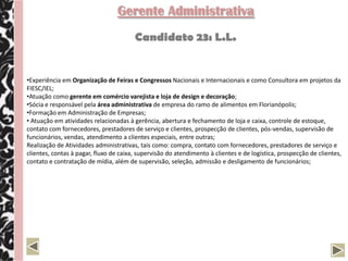 Gerente Administrativo Financeiro
                                    Candidato 20: P.C.E.

•Experiência de 24 anos em planejar, organizar, dirigir e controlar as atividades de diversas áreas de apoio
administrativo e da área financeira da empresa, fixando políticas de gestão dos recursos financeiros disponíveis,
estruturação, racionalização, e adequação dos serviços de apoio administrativo tendo em vista os objetivos da
organização;
•Gerenciamento de atividades nas áreas administrativas e financeiras, responsável pelo suprimento de relatórios
gerenciais e análise dos indicadores de desempenho dos negócios;
•Gestão da área financeira e de investimento da organização com gerencia de todos os processos correlato;
•Suporte às necessidades da empresa, no que tange a legislação vigente e gerenciamento dos serviços terceirizados
de manutenção dos equipamentos de escritório, prédios, veículos, licenciamentos ambientais, licenças, seguros, TI,
entre outros serviços;
•Acompanhamento de auditoria externa, analisando e promovendo melhorias a partir das considerações do
relatório final;
•Gerenciamento dos processos ligados ao departamento de recursos humanos e Detecção de necessidades,
acompanhamento e implantação de projetos voltados à capacitação e desenvolvimento dos colaboradores;
•Gerenciamento de processos contábeis, com elaboração e acompanhamento do fluxo de caixa e dos processos
orçamentário geral da organização;
•Gestão dos contratos de terceiros e suporte jurídico para as áreas da empresa e coordenação dos projetos de
licitações, com elaboração das propostas econômico-financeira e preparação da documentação necessária;
•Obtenção de financiamento de projetos junto ao BNDS;
•Relacionamento bancário e com instituições financeiras para captação de recursos e definição de investimentos;
•Gerenciamento dos processos do departamento de suprimento garantindo os melhores resultados decorrentes de
negociações;
•Gerenciamento das certificações ISO 9001, ISO 14001 e OHSAS 18001 e manutenção de normas e procedimentos
visando à melhoria do sistema de gestão empresarial;
 