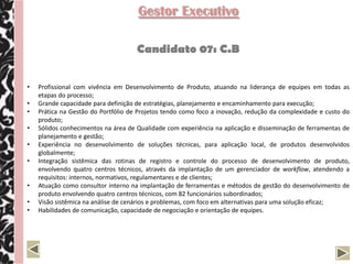 Gestor da Área de Engenharia

                                      Candidato 17: E.A

•Profissional com 12 anos de experiência em Gestão na área de engenharia;
•Vivência nas áreas de RH, Administrativo e Suprimentos;
•Participação no desenvolvimento de planejamento estratégico, certificação ISO 9000;
•Membro de comitê de avaliação e negociação de contratos;
•Sólida experiência no gerenciamento de obras de engenharia, gerência geral de unidades de negócios, gerência
de Call Center;
•Forte relacionamento com órgãos públicos e sindicais;
•Capacidade de liderança, habilidade de negociação, administração de conflitos, adaptabilidade para novos
ambientes e regiões;
•Experiência em elaboração de estudos técnicos para apresentação em editais de licitações e concorrências, bem
como formação de propostas;
•Experiências em Start-up de unidades de negócios;
•Conhecimento técnico e pratico em redução de custos com otimização de processos e mão-de-obra
 
