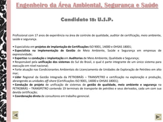 Engenheira Agrônoma

                                  Candidata 31: L.N.L.

•Atualmente, atua como Diretora do Departamento de Meio Ambiente do Município do Tubarão;
•Especialista em auditoria, pericia e gestão ambiental;
•Sólida experiência na elaboração e execução de projetos e estudos ambientais;
•Vivência em atendimento ao público;
•Experiência na coordenação de servidores, orientação direta a produtores rurais;
•Desenvolve a seis anos trabalhos de consultoria ambiental em empresas privadas e públicas como recuperação
ambiental de áreas degradadas e licenciamento ambiental;
•Ampla experiência em ministrar palestras e cursos voltados a área ambiental.
 