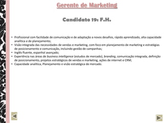 Gerente de Marketing

                                      Candidato 19: F.H.


• Profissional com facilidade de comunicação e de adaptação a novos desafios, rápido aprendizado, alta capacidade
  analítica e de planejamento;
• Visão integrada das necessidades de vendas e marketing, com foco em planejamento de marketing e estratégias
  de posicionamento e comunicação, incluindo gestão de campanhas;
• Inglês fluente, espanhol avançado;
• Experiência nas áreas de business intelligence (estudos de mercado), branding, comunicação integrada, definição
  de posicionamento, projetos estratégicos de vendas e marketing, ações de internet e CRM;
• Capacidade analítica, Planejamento e visão estratégica de mercado.
 