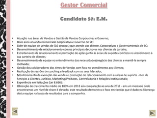 Gestor Comercial

                                     Candidato 57: E.M.


•   Atuação nas áreas de Vendas e Gestão de Vendas Corporativas e Governo;
•   Doze anos atuando no mercado Corporativo e Governo de SC;
•   Líder de equipe de vendas de (10 pessoas) que atende aos clientes Corporativos e Governamentais de SC;
•   Desenvolvimento de relacionamento com os principais decisores nos clientes da carteira;
•   Estreitamento de relacionamento e promoção de ações junto às áreas de suporte com foco no atendimento à
    sua carteira de clientes;
•   Desenvolvimento de equipe no entendimento das necessidades/negócio dos clientes e mantê-la sempre
    motivada;
•   Gestão dos colaboradores dos times de Vendas com foco no atendimento aos clientes;
•   Realização de sessões de coaching e feedback com os seus liderados;
•   Monitoramento da evolução das vendas e promoção do relacionamento com as áreas de suporte - Ger. de
    Serviços a Clientes, Jurídico, Marketing/Produtos, Controladoria e Relações Institucionais;
•   Experiência em licitações (Lei 8.666);
•   Obtenção de crescimento médio de 180% em 2012 em comparação ao ano de 2011 - em um mercado onde
    encontramos um nível de share é elevado, este resultado demonstra o foco em vendas que é dado na liderança
    desta equipe na busca de resultados para a companhia.
 