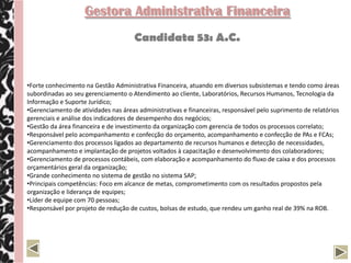 Gestora Administrativa Financeira
                                      Candidata 53: A.C.


•Forte conhecimento na Gestão Administrativa Financeira, atuando em diversos subsistemas e tendo como áreas
subordinadas ao seu gerenciamento o Atendimento ao cliente, Laboratórios, Recursos Humanos, Tecnologia da
Informação e Suporte Jurídico;
•Gerenciamento de atividades nas áreas administrativas e financeiras, responsável pelo suprimento de relatórios
gerenciais e análise dos indicadores de desempenho dos negócios;
•Gestão da área financeira e de investimento da organização com gerencia de todos os processos correlato;
•Responsável pelo acompanhamento e confecção do orçamento, acompanhamento e confecção de PAs e FCAs;
•Gerenciamento dos processos ligados ao departamento de recursos humanos e detecção de necessidades,
acompanhamento e implantação de projetos voltados à capacitação e desenvolvimento dos colaboradores;
•Gerenciamento de processos contábeis, com elaboração e acompanhamento do fluxo de caixa e dos processos
orçamentários geral da organização;
•Grande conhecimento no sistema de gestão no sistema SAP;
•Principais competências: Foco em alcance de metas, comprometimento com os resultados propostos pela
organização e liderança de equipes;
•Líder de equipe com 70 pessoas;
•Responsável por projeto de redução de custos, bolsas de estudo, que rendeu um ganho real de 39% na ROB.
 