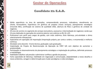 Gestor de Operações

                                   Candidato 32: E.A.B.


•   Sólida experiência na área de operações, compreendendo processos, indicadores, atendimento ao
    cliente, fornecedores. Experiência em gerência de projetos (novos serviços), planejamento estratégico
    (incluindo BSC), certificação do sistema de qualidade (ISO), abertura de filiais e gerência de unidade de
    negócios;
•   29 anos de carreira no segmento de serviços (consultoria, assessoria e intermediação de negócios), sendo que
    23 anos dedicados às operações de comércio exterior com vivência no RS, SC e SP;
•   Profissional com perfil para cargos de gestão, com visão sistêmica, forte liderança, pró-atividade e ótimo
    relacionamento interpessoal;
•   Especialista em operações de importação (importação própria, por conta e ordem, e encomenda) e melhoria
    continua;
•   Atividade como docente - Ensino técnico, graduação e pós-graduação;
•   Implantação do Projeto de Reestruturação da Operação da FIRST S/A com objetivo de aumentar a
    produtividade;
•   Participação no desenvolvimento de planejamento estratégico e implantação de políticas, definindo processos
    e metodologia;
•   Habilidade trabalhar sob pressão e administrar conflitos e gestão de pessoas;
•   Forte capacidade de liderança, habilidade em negociação e comunicação, adaptabilidade a novos desafios e
    novos ambientes, coragem e determinação para mudar paradigmas e visão estratégica
 