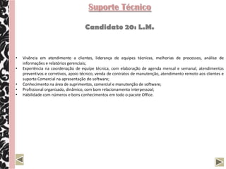 Suporte Técnico

                                     Candidato 20: L.M.


•   Vivência em atendimento a clientes, liderança de equipes técnicas, melhorias de processos, análise de
    informações e relatórios gerenciais;
•   Experiência na coordenação de equipe técnica, com elaboração de agenda mensal e semanal, atendimentos
    preventivos e corretivos, apoio técnico, venda de contratos de manutenção, atendimento remoto aos clientes e
    suporte Comercial na apresentação do software;
•   Conhecimento na área de suprimentos, comercial e manutenção de software;
•   Profissional organizado, dinâmico, com bom relacionamento interpessoal;
•   Habilidade com números e bons conhecimentos em todo o pacote Office.
 