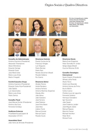 Órgãos Sociais e Quadros Directivos



                                                                            Em cima, da esquerda para a direita:
                                                                            António Guerreiro (Presidente),
                                                                            Luisa Antas, Eduardo Costa.
                                                                            Em baixo, da esquerda para a direita:
                                                                            Pedro Santos, João Sabido,
                                                                            Luís Vasconcelos.




Conselho de Administração             Directores Centrais          Directores Gerais
António Guerreiro (Presidente)        Duarte Correia de Sá         Marta Eirea (Espanha)
Alexandre Tcherepnine                 Francisco Ortigão            Peter Donnelly (R. Unido)
Alexei Mitrofanov                     Luís Nogueira                Sérgio Zappa (Brasil)
Eduardo Catroga                       Pedro Benites                Courtne Mooney (EUA)
Eduardo Costa                         Pedro Reis
Jose María Iceta                      Renato Schulman (Brasil)     Conselho Estratégico
Maria Luisa Antas                     Ricardo Caldeira             Internacional
Martin Finegold                       Rui Guerra                   Xavier Dupont (Presidente)
                                                                   Alfredo Lafita Pardo
Comité Executivo Grupo                Directores Sénior            Álvaro Novis
António Guerreiro (Presidente)        Alcides Pereira              André Lara Resende
Eduardo Costa (Vice-Presidente)       André Rendeiro               António Gomes de Pinho
João Sabido                           António Ferreira             Bruno Martin
Luís Vasconcelos                      Antonio Martinez (Espanha)   Carlos Cuervo
Maria Luisa Antas                     Cláudia Alho                 Charles-Louis de Laguiche
Pedro Santos                          João Abreu                   Fernando Sotelino
                                      João Cassiano                Henrique Granadeiro
Conselho Fiscal                       José Ferreira                Igor Souvorov
José Manuel Archer (Presidente)       José Pedreira                João Sayad
António Vila Cova                     José Pinto Basto             José Frederico Jordão
Fernando Condeça                      José Silva                   José Miguel Júdice
                                      Libânio Tomé                 Manuel Raposo
Auditores Externos                    Manuel Amaral                Maurizio Fazzari
PriceWaterhouseCoopers &              Manuel Castro                Michael Hamilton
Associados S.R.O.C.                   Ricardo Couto                Peter Birch
                                                                   Richard Frank
Assembleia Geral
João Vieira de Almeida (Presidente)



                                                                           Síntese Anual 2009 Banco Finantia   13
 