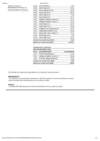 19/08/12                                                       Banco Itaú S/A

           contas 51,79% a.a.                       23/06    SOLAR MODAS                                 -0,20
           De pagamento de 3,49% a.m.               23/06    SHOP TIME 02/10                             41,86
           contas automático 51,79% a.a.            23/06    SOLAR MODAS 02/06                           26,65
                                                    26/06    SHOP TIME 02/10                            129,90
                                                    26/06    SHOP TIME 02/10                              3,29
                                                    26/06    SHOP TIME 02/10                             18,77
                                                    13/07    HERMES COMPRA FACI01/10                     10,21
                                                    13/07    HERMES COMPRA FACI01/10                     20,35
                                                    13/07    SHOP TIME 01/12                             32,72
                                                    14/07    SHOP TIME 01/03                             33,00
                                                    14/07    COMPRA VIA PAGSEGU01/06                     60,62
                                                    19/07    ARMARINHO DOMITH 01/06                      48,65
                                                    27/07    MAGAZINE LUIZA COM01/10                     14,47
                                                    01/08    SHOP TIME 01/04                              3,45
                                                    01/08    SHOP TIME 01/04                             22,25
                                                    Crédito do cartão final (3291)                       -0,83
                                                    Débito do cartão final (3291)                     1.321,41


                                                   Lançam entos nacionais
                                                    HELITON DOS REIS (3025)
                                                    DATA     MOVIMENTAÇÃO                         VALOR EM R$
                                                    16/12    PONTO FRIOCOM 08/12                         14,98
                                                    17/01    HERMES COMPRA FACI07/10                     89,99
                                                    14/02    RI HAPPY BRINQUEDO06/06                     30,88
                                                    Crédito do cartão final (3025)                        0,00
                                                    Débito do cartão final (3025)                       135,85




           (2) Os limites de crédito são compartilhados com o Itaucard Visa Internacional



           - As despesas da próxima fatura referentes ao IOF das transações nacionais parceladas com juros
           serão assumidas pela Administradora do seu cartão de crédito.



           - A planilha CET está disponível na Central de Atendimento do seu cartão de crédito.




https://bankline.itau.com.br/V1/CARTONISTA/IMG/VersaoImpressao.htm                                               2/2
 