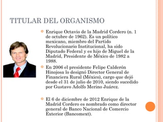 TITULAR DEL ORGANISMO
 Enrique Octavio de la Madrid Cordero (n. 1
de octubre de 1962). Es un político
mexicano, miembro del Partido
Revolucionario Institucional, ha sido
Diputado Federal y es hijo de Miguel de la
Madrid, Presidente de México de 1982 a
1988.
 En 2006 el presidente Felipe Calderón
Hinojosa lo designó Director General de
Financiera Rural (México), cargo que dejó
desde el 31 de julio de 2010, siendo sucedido
por Gustavo Adolfo Merino Juárez.
 El 6 de diciembre de 2012 Enrique de la
Madrid Cordero es nombrado como director
general de Banco Nacional de Comercio
Exterior (Bancomext).
 
