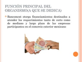 FUNCIÓN PRINCIPAL DEL
ORGANISMO(A QUE SE DEDICA)
 Bancomext otorga financiamientos destinados a
atender los requerimientos tanto de corto como
de mediano y largo plazo de las empresas
participantes en el comercio exterior mexicano
 