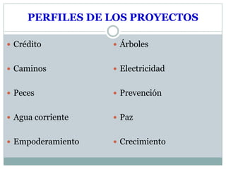PERFILES DE LOS PROYECTOS

 Crédito           Árboles


 Caminos           Electricidad


 Peces             Prevención


 Agua corriente    Paz


 Empoderamiento    Crecimiento
 