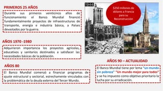 Durante sus primeros veinticinco años de
funcionamiento el Banco Mundial financió
fundamentalmente proyectos de infraestructuras de
transporte, energía e industria básica, a Países
devastados por la guerra.
El Banco Mundial comenzó a financiar programas de
ajuste estructural y sectorial, estrechamente vinculados con
la problemática de la deuda externa del Tercer Mundo.
El Banco Mundial tiene por lema “un mundo
sin pobreza” “Un mundo mejor para todos”
y se ha impuesto como objetivo prioritario la
lucha por su erradicación.
PRIMEROS 25 AÑOS
AÑOS 1970 -1980
Adquirieron importancia los proyectos agrícolas,
educativos y sanitarios destinados a satisfacer las
necesidades básicas de la población.
AÑOS 80
AÑOS 90 – ACTUALIDAD
$250 millones de
dólares a Francia
para su
Reconstrucción
 