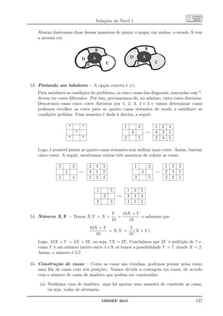 Soluções do Nível 1

   Abaixo ilustramos duas dessas maneiras de pintar o mapa; em ambas, o estado A tem
   a mesma cor.




53. Pintando um tabuleiro – A opção correta é (c).
   Para satisfazer as condições do problema, as cinco casas das diagonais, marcadas com *,
   devem ter cores diferentes. Por isso, precisaremos de, no mínimo, cinco cores distintas.
   Denotemos essas cinco cores distintas por 1, 2, 3, 4 e 5 e vamos determinar como
   podemos escolher as cores para as quatro casas restantes de modo a satisfazer as
   condições pedidas. Uma maneira é dada à direita, a seguir.

                      *           *                       1               4           1   2       4
                              *                                   3               →   4   3       1
                      *           *                       2               5           2   4       5

   Logo, é possível pintar as quatro casas restantes sem utilizar mais cores. Assim, bastam
   cinco cores. A seguir, mostramos outras três maneiras de colorir as casas.

              2           3           2   4   3                       1           2           1       3   2
                  1               →   4   1   2                               4       →       2       4   1
              5           4           5   2   4                       3           5           3       2   5

                                          1       5           1       3       5
                                              2       →       3       2       4
                                          4       3           4       1       2

                                                  Y    10X + Y
54. Número X,Y – Temos X,Y = X +                     =         e sabemos que
                                                  10      10
                                      10X + Y         3
                                              = X, Y = (X + Y ).
                                         10           10
   Logo, 10X + Y = 3X + 3Y, ou seja, 7X = 2Y. Concluímos que 2Y é múltiplo de 7 e,
   como Y é um número inteiro entre 1 e 9, só temos a possibilidade Y = 7, donde X = 2.
   Assim, o número é 2,7.

55. Construção de casas – Como as casas são vizinhas, podemos pensar nelas como
    uma ﬁla de casas com seis posições. Vamos dividir a contagem em casos, de acordo
    com o número de casas de madeira que podem ser construídas.

    (a) Nenhuma casa de madeira: aqui há apenas uma maneira de construir as casas,
        ou seja, todas de alvenaria.

                                              OBMEP 2010                                                      127
 