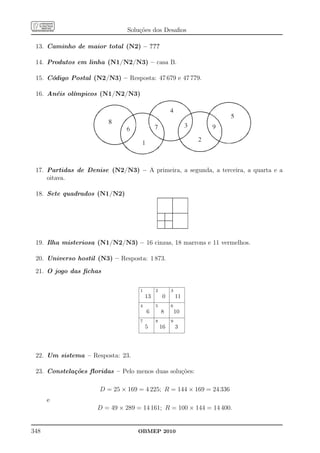 Soluções dos Desaﬁos

 13. Caminho de maior total (N2) – ???

 14. Produtos em linha (N1/N2/N3) – casa B.

 15. Código Postal (N2/N3) – Resposta: 47 679 e 47 779.

 16. Anéis olímpicos (N1/N2/N3)




 17. Partidas de Denise (N2/N3) – A primeira, a segunda, a terceira, a quarta e a
     oitava.

 18. Sete quadrados (N1/N2)




 19. Ilha misteriosa (N1/N2/N3) – 16 cinzas, 18 marrons e 11 vermelhos.

 20. Universo hostil (N3) – Resposta: 1 873.
 21. O jogo das ﬁchas

                                   1        2        3
                                       13       0        11
                                   4        5        6
                                       6        8        10
                                   7        8        9
                                       5        16       3



 22. Um sistema – Resposta: 23.

 23. Constelações ﬂoridas – Pelo menos duas soluções:

                      D = 25 × 169 = 4 225; R = 144 × 169 = 24 336
      e
                     D = 49 × 289 = 14 161; R = 100 × 144 = 14 400.


348                               OBMEP 2010
 