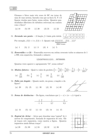 Nível 3


     Giramos o bloco mais três vezes de 90◦ em torno de
     uma de suas arestas, fazendo com que as faces X, Y e Z
     ﬁquem viradas para baixo, nessa ordem. Quantos qua-
     dradinhos diferentes do tabuleiro estiveram em contato
     com o bloco?
     (a) 18       (b) 19       (c) 20         (d) 21         (e) 22


                                                                                x       1    2     3     4   5
 51. Iterando um ponto – A função f é dada pela tabela                                                           .
                                                                              f (x)     4    1     3     5   2
     Por exemplo, f (2) = 1 e f (4) = 5. Quanto vale f (f (f (f (. . . f (4) . . .))))?
                                                                2004 vezes
     (a) 1        (b) 2        (c) 3         (d) 4          (e) 5

 52. Esmeralda e o 21 – Esmeralda escreveu em ordem crescente todos os números de 1
     a 999, sem separá-los, formando o número

                                  12345678910111213 . . . 997998999.

     Quantas vezes aparece o agrupamento “21”, nessa ordem?

                                                                    1         1             1          1
 53. Muitos fatores – Qual é o valor do produto 1 −                      1−           1−       ··· 1−     ?
                                                                    4         9             16        225
           10              5            3               8                1
     (a)             (b)          (c)           (d)             (e)
           125             9            5              15               120

 54. Falta um ângulo – Quanto mede, em graus, o ângulo α da
     ﬁgura?                                                                                      30°     a

     (a) 20        (b) 25        (c) 30         (d) 35          (e) 40
                                                                                      50°          40°


 55. Soma de distâncias – Da ﬁgura, concluímos que |z − x| + |w − x| é igual a

                                       x y              z                 w
                                    –1 0               3,7                9,3


     (a) 11        (b) 12        (c) 13         (d) 14          (e) 15


 56. Espiral do Artur – Artur quer desenhar uma “espiral” de 4
     metros de comprimento, formada de segmentos de reta. Ele
     já traçou sete segmentos, como mostra a ﬁgura. Quantos
     segmentos ainda faltam traçar?
     (a) 28       (b) 30       (c) 24         (d) 32         (e) 36


78                                           OBMEP 2010
 
