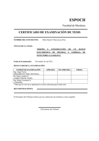 ESPOCH
Facultad de Mecánica
CERTIFICADO DE EXAMINACIÓN DE TESIS
NOMBRE DEL ESTUDIANTE: Pablo Daniel Villavicencio Pino
TÍTULO DE LA TESIS:
“DISEÑO Y CONSTRUCCIÓN DE UN BANCO
ELECTRÓNICO DE PRUEBAS Y LIMPIEZA DE
INYECTORES A GASOLINA”
Fecha de Examinación: Noviembre 26, del 2012.
RESULTADO DE LA EXAMINACIÓN:
COMITÉ DE EXAMINACIÓN APRUEBA NO APRUEBA FIRMA
Ing. Ángel Tierra
(PRESIDENTE TRIB. DEFENSA)
Dr. Mario Audelo G.
(DIRECTOR DE TESIS)
Ing. Diego Constante N.
(ASESOR)
* Más que un voto de no aprobación es razón suficiente para la falla total.
RECOMENDACIONES:
El Presidente del Tribunal certifica que las condiciones de la defensa se han cumplido.
f) Presidente del Tribunal
 