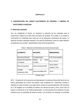 52
CAPÍTULO IV
4. CONSTRUCCIÓN DEL BANCO ELECTRÓNICO DE PRUEBAS Y LIMPIEZA DE
INYECTORES A GASOLINA
4.1 Materiales utilizados
Una vez establecido el diseño, es necesaria la selección de los materiales para la
construcción íntegra de la parte física del banco de pruebas. En la tabla 3, se muestra a
continuación los materiales para cada uno de los elementos constitutivos del equipo. La
selección de estos materiales obedece a una serie de parámetros, entre los cuales destacan
la resistencia a la corrosión, disponibilidad y bajo costo de adquisición.
Tabla 3. Selección de materiales para la estructura principal
ELEMENTO MATERIAL DIMENSIONES
Estructura General Tol galvanizado 0.75 mm de espesor
Soporte de Inyectores Platina de Hierro
Fundido
4mm x 46 mm
y Probetas
Riel de Inyectores Acero estructural A36
Ø ext: 22mm
espesor: 2mm
Acoples entre
inyectores y Riel
Acero Inoxidable 304 Ø 3/4 "
Fuente: Autor
4.1.1 Construcción de la estructura principal general. La estructura física está hecha de una
lámina galvanizada de 0,75mm de espesor, está constituida de 7 elementos cortados y
doblados en base al diseño, que luego fueron unidas con aproximadamente 100 remaches
de ¼ de pulgada con la finalidad de obtener una estructura fuerte y firme. Como bien se
expuso, la estructura es de material galvanizado. La idea principal de la selección de este
material es por su capacidad de resistir al oxido y a la corrosión; sin embargo, se consideró
 