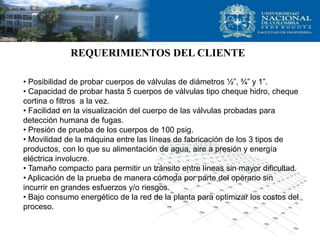REQUERIMIENTOS DEL CLIENTE

• Posibilidad de probar cuerpos de válvulas de diámetros ½”, ¾” y 1”.
• Capacidad de probar hasta 5 cuerpos de válvulas tipo cheque hidro, cheque
cortina o filtros a la vez.
• Facilidad en la visualización del cuerpo de las válvulas probadas para
detección humana de fugas.
• Presión de prueba de los cuerpos de 100 psig.
• Movilidad de la máquina entre las líneas de fabricación de los 3 tipos de
productos, con lo que su alimentación de agua, aire a presión y energía
eléctrica involucre.
• Tamaño compacto para permitir un tránsito entre líneas sin mayor dificultad.
• Aplicación de la prueba de manera cómoda por parte del operario sin
incurrir en grandes esfuerzos y/o riesgos.
• Bajo consumo energético de la red de la planta para optimizar los costos del
proceso.
 