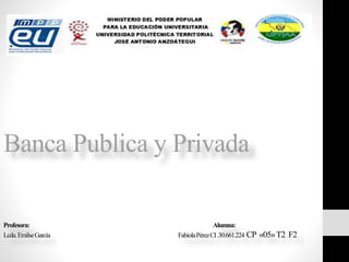Banca Publica y Privada
Profesora: Alumna:
Lcda.EmilseGarcía FabiolaPérezCI.30.661.224 CP «05»T2 F2
 