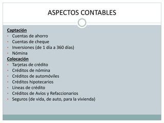 ASPECTOS CONTABLES
Captación
• Cuentas de ahorro
• Cuentas de cheque
• Inversiones (de 1 día a 360 días)
• Nómina
Colocación
• Tarjetas de crédito
• Créditos de nómina
• Créditos de automóviles
• Créditos hipotecarios
• Líneas de crédito
• Créditos de Avíos y Refaccionarios
• Seguros (de vida, de auto, para la vivienda)
 