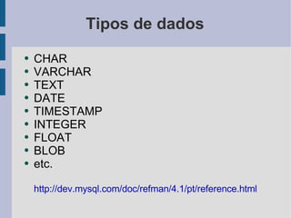 Tipos de dados CHAR VARCHAR TEXT DATE TIMESTAMP INTEGER FLOAT BLOB etc. http://dev.mysql.com/doc/refman/4.1/pt/reference.html 