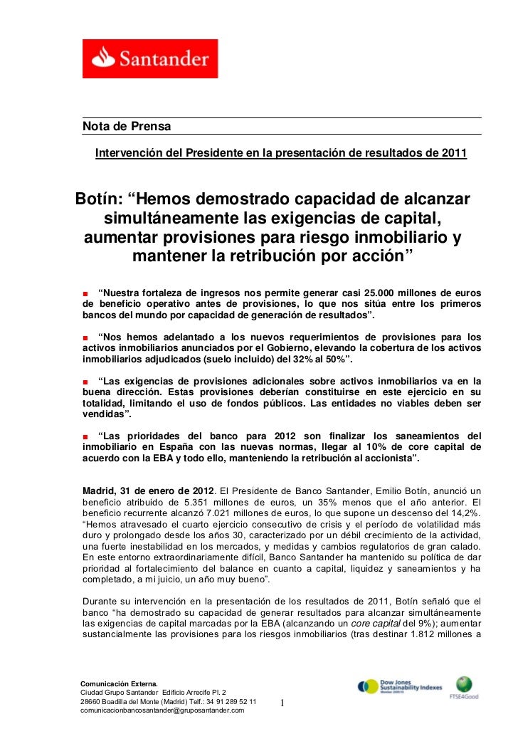 Banco Santander Nota Prensa Intervención de Emilio Botín 