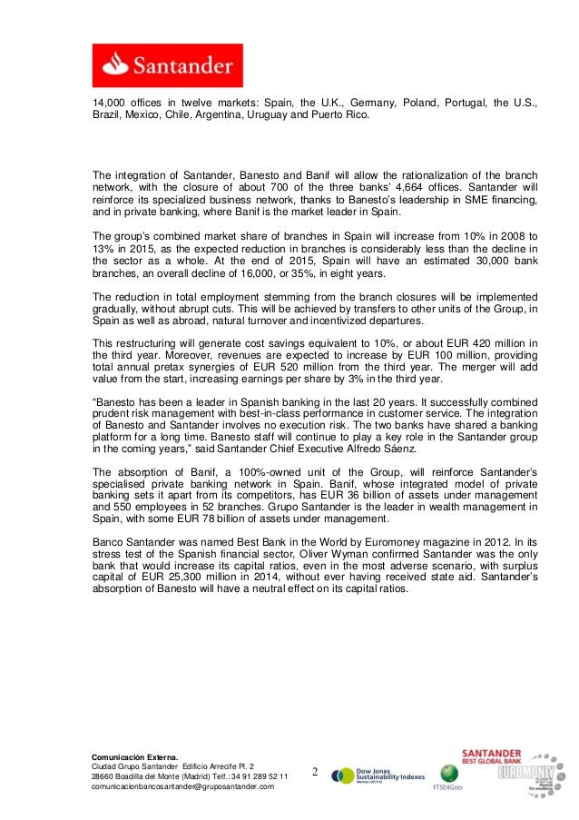 Banco Santander To Absorb Banesto And Banif Combining Its Brands In