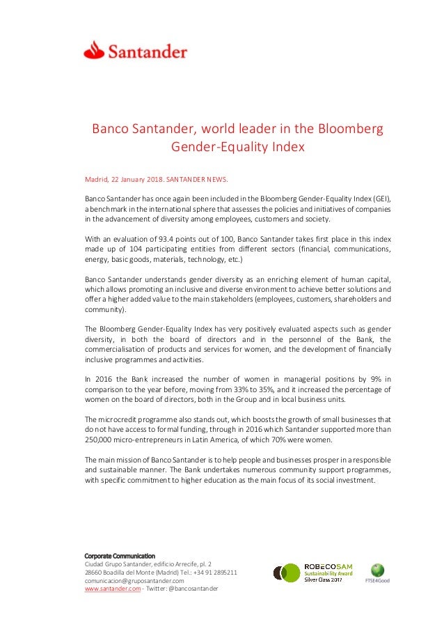 Banco Santander World Leader In The Bloomberg Gender Equality Index