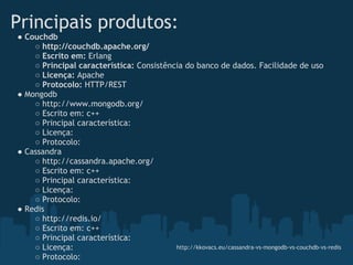 Principais produtos:
● Couchdb
    ○ http://couchdb.apache.org/
    ○ Escrito em: Erlang
    ○ Principal característica: Consistência do banco de dados. Facilidade de uso
    ○ Licença: Apache
    ○ Protocolo: HTTP/REST
● Mongodb
    ○ http://www.mongodb.org/
    ○ Escrito em: c++
    ○ Principal característica: 
    ○ Licença:
    ○ Protocolo:
● Cassandra
    ○ http://cassandra.apache.org/
    ○ Escrito em: c++
    ○ Principal característica: 
    ○ Licença:
    ○ Protocolo:
● Redis
    ○ http://redis.io/
    ○ Escrito em: c++
    ○ Principal característica: 
    ○ Licença:                            http://kkovacs.eu/cassandra-vs-mongodb-vs-couchdb-vs-redis
    ○ Protocolo:
 