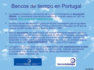 Bancos de tiempo en Portugal
 La entidad promotora de los bancos de tiempo en Portugal es la Asociación
GRAAL, un movimiento internacional católico de mujeres creado en 1921 en
Holanda: http://www.bancodetempo.net/
 Iniciado a través del mismo Programa de Acción Comunitario para la Igualdad
de oportunidades entre Mujeres y Hombres de la Unión Europea con el que se
crearon los BdT en Barcelona y Bolonia (Italia) – 1997
 Red de sucursales por todo el país (29 oficinas incluyendo Madeira y Azores),
con una oficina central en Lisboa en la sede de GRAAL encargada de promover,
asesorar e intercambiar experiencias entre todas las sucursales, además de
desarrollar y cuidar una muy estudiada imagen de marca y de concepto bajo la
denominación de “BANCODETEMPO”, 1900 socios (74% mujeres)
 Las agencias son resultado de un acuerdo previo con organizaciones locales
que favorecen y facilitan la apertura de cada sucursal, estando actualmente
involucradas más de 30 organizaciones, desde ayuntamientos, iglesias,
escuelas, ongs, empresas, etc.
 