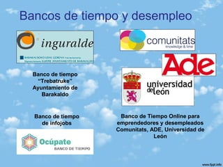 Bancos de tiempo y desempleo
Banco de tiempo
“Trebatruke”
Ayuntamiento de
Barakaldo
Banco de Tiempo Online para
emprendedores y desempleados
Comunitats, ADE, Universidad de
León
Banco de tiempo
de infojobs
 