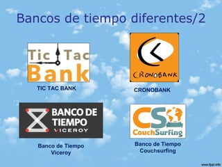 Bancos de tiempo diferentes/2
TIC TAC BANK CRONOBANK
Banco de Tiempo
Couchsurfing
Banco de Tiempo
Viceroy
 