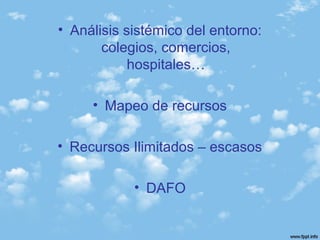 • Análisis sistémico del entorno:
colegios, comercios,
hospitales…
• Mapeo de recursos
• Recursos Ilimitados – escasos
• DAFO
 